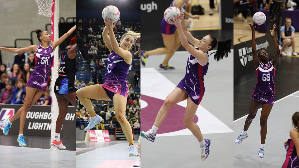 a collage of four netball players